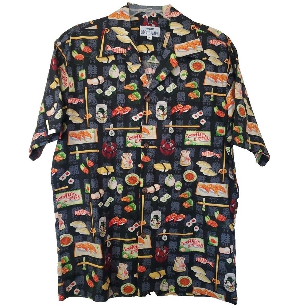 Locals Only Mens Sushi Print Camp Shirt Black Short Sleeve Button Down Size M